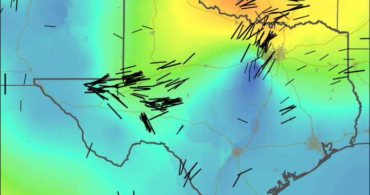 New stress maps of Texas and Oklahoma, with black lines indicating stress orientation. Blue-green colors indicate regions of extension in the crust, while yellow-orange areas are indicative of crustal compression. (Image credit: Jens-Erik Lund Snee)